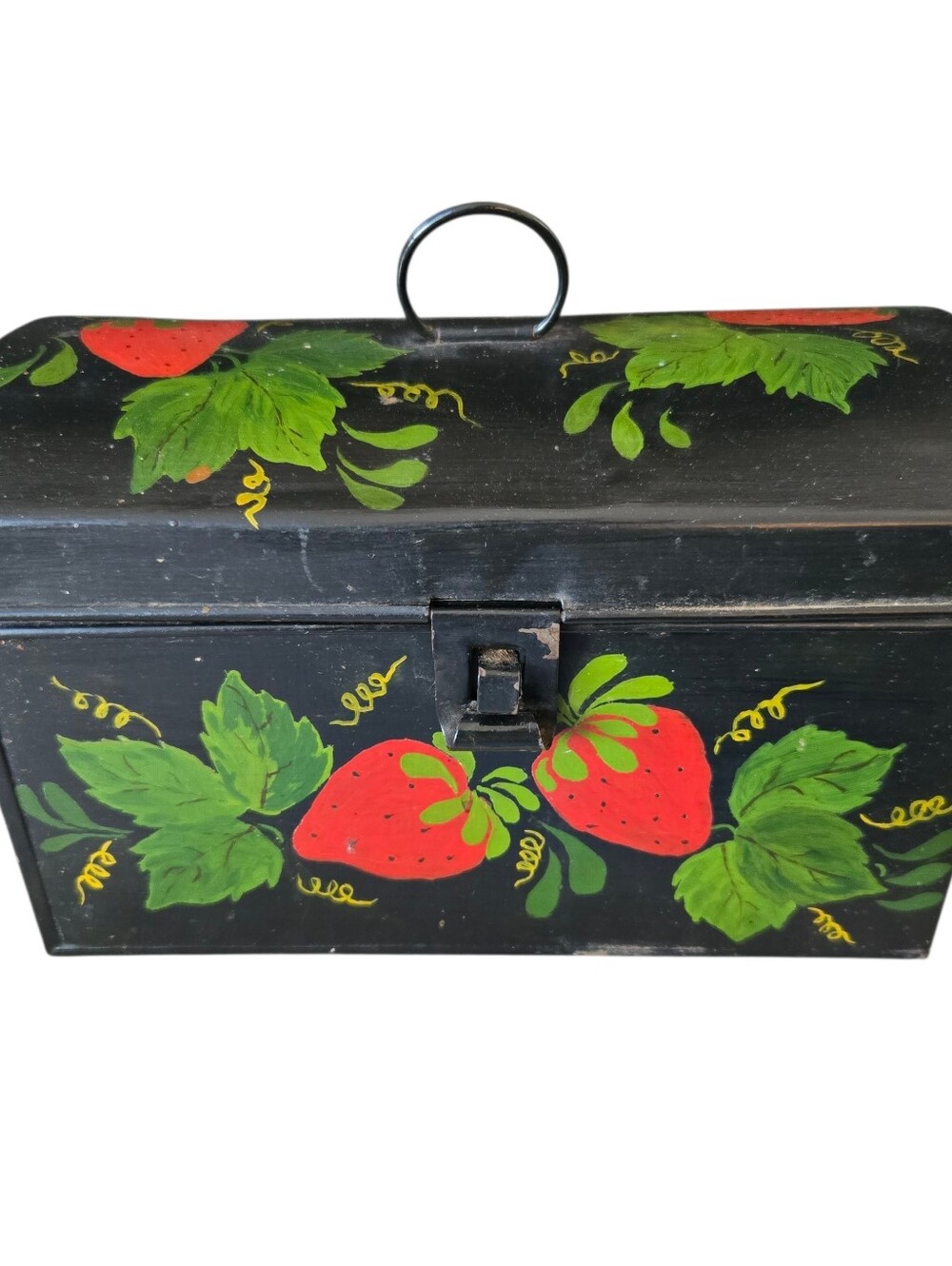Antique Tole Painted Black Tin Dome Box Hand Painted Strawberry Folk Art
